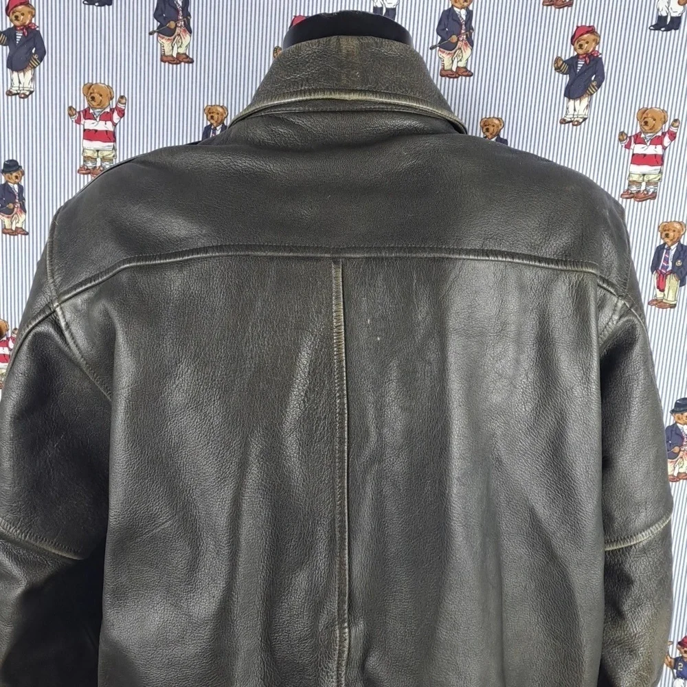 Vintage L.L.Bean flap pocket full zip distressed XL brown leather lined jacket
